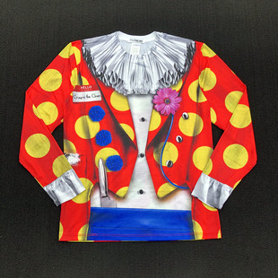 欧美男士3D立体印花圆领长袖创意仿真彩色礼服T恤摇带小丑装扮