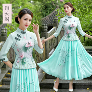 女上衣改良唐装两件套民族风复古荷花印花旗袍套装裙中国风民国风