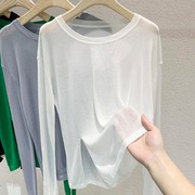 超薄冰丝防晒罩衫女夏季微透空调衫宽松白色圆领开叉长袖面膜T恤