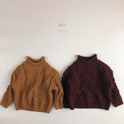 套头衫文艺棕色高领韩国童装针织衫纯色冬季针织棉保暖毛衣