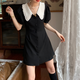 夏季法式复古娃娃衫连衣裙赫本风小个子翻领气质雪纺小黑裙