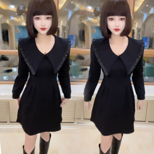 中长款连衣裙2023年韩版收腰显瘦娃娃领减龄遮肉洋气A字裙女裙潮