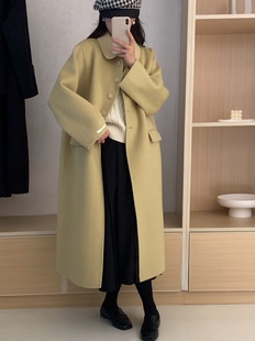 韩国高级感长款黄色双面羊绒大衣女单排扣简约2023秋冬毛呢外套潮