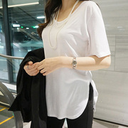 韩国东大门女装 圆领T恤女短袖2024夏季开衩中长款打底衫