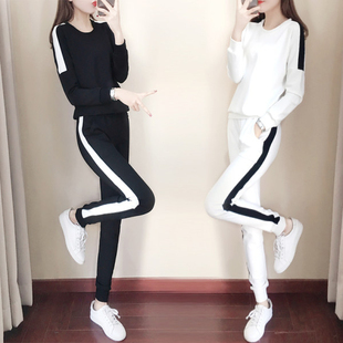 休闲运动套装女春秋季韩版宽松显瘦黑白跑步服长袖卫衣两件套