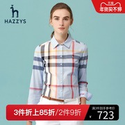 Hazzys哈吉斯2021女士格子长袖衬衫外套春秋韩版纯棉衬衣上衣