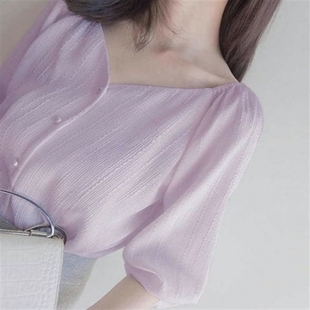 白雪纺上衣女短袖小衫泡泡袖紫色收腰法式方领设计感小众洋气衬衫