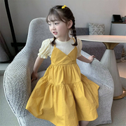 小女孩连衣裙2023夏装女童韩版洋气假两件宝宝夏季短袖公主裙