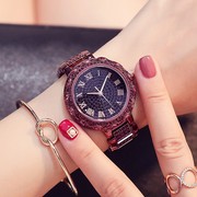 女紫色士手表满水钻(满水钻)时尚圆形石英玫瑰，黄金色(黄金色)金属普通国产腕表
