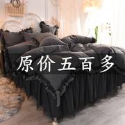 L韩式蕾丝双层床裙四件套裸睡加带防滑床罩加厚被套花边四季