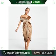 香港直邮潮奢asos女士设计露肩，前扭纹裹式天鹅绒驼色中长连衣裙