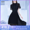 aui赫本风黑色雪纺连衣裙，女夏2023设计感小众蕾丝立领百褶裙
