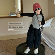 女童秋装套装韩版女宝洋气，时髦小众设计感长袖t恤休闲九分裤