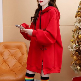 红色连帽卫衣女加绒加厚大码300斤宽松中长款显瘦保暖设计感外套