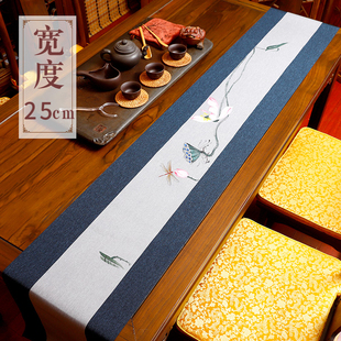 宽度25cm手绘茶席麻布茶布防水桌旗中式禅意茶台布茶道茶桌布定制