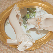 法式绸缎面白色婚鞋新娘鞋2023高跟鞋，女粗跟主婚纱订婚礼服鞋
