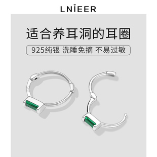 925纯银耳扣女睡觉免摘耳圈耳环祖母，绿色耳饰2024潮圆圈耳钉