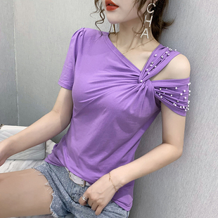 个性不规则网红t恤女ins超火的香芋紫短袖，上衣性感露肩小衫女夏潮