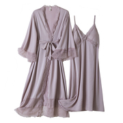 春夏季性感蕾丝睡衣女薄款冰丝，两件套吊带睡裙睡袍带胸垫加长款