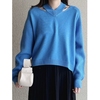 cos风女装标准版型，解构镂空羊毛套头衫蓝色，2023秋季通勤针织外套