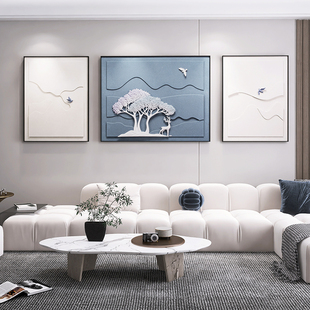 现代简约客厅装饰画高档沙发，背景墙轻奢创意，三联画立体浮雕肌理画