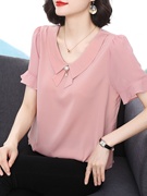 韩国粉红色短袖T恤女夏季2024百搭洋气漂亮气质冰丝宽松上衣