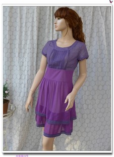 夏季紫色拼接印花圆领修身高腰短袖雪纺连衣裙甜美淑女A字中长裙