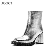 jooc玖诗短靴秋冬个性银色粗高跟，女鞋铆钉防水台时装靴