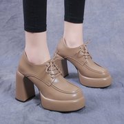 欧美厚底乐福鞋女2024年春季时尚，防水台高跟鞋，粗跟系带小皮鞋