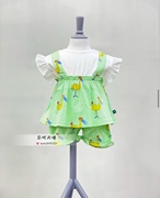 韩国中小童装 夏女宝宝果绿假两件假背带裙衫T恤 短裤套装