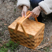 木质编野餐篮购物篮，带盖收纳盒户外饭菜提篮面包筐春游便携篮子
