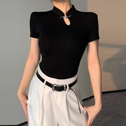 复古黑色正肩短袖t恤女夏季设计感小众改良旗袍中式国风上衣