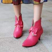 秋季中跟短靴女靴，蝴蝶结外贸跨境成都亚马逊玫，红色大码40-48