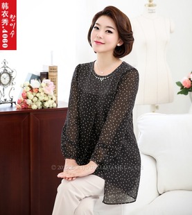 韩国中老年女装长袖雪纺衫 时尚妈妈装镶钻长袖双层上衣1110
