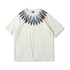 美式复古重磅纯棉印第安羽毛印花短袖做旧宽松民族风T恤男夏季潮
