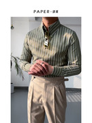 男士休闲商务长袖条纹衬衫，意式复古绿纽扣，长尖领衬衣时尚个性修身