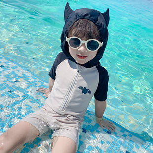 2023韩国儿童连体游泳衣男童可爱连帽防晒宝宝沙滩速干泳装
