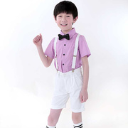 高档儿童花童礼服男童粉红衬衫白色背带短裤主持钢琴合唱表演出服