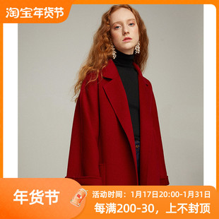 复古红色双面呢羊毛，大衣女秋冬装韩版气质，中长款毛呢外套