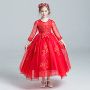 儿童礼服公主裙长裙女童大红色蓬蓬裙长裙走秀主持晚礼服成都