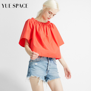 悦空间红色纯棉T恤时尚套头衫女士超短款宽松短袖上衣夏季木耳边