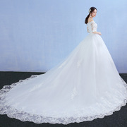 一字肩婚纱礼服新娘2023长，拖尾梦幻公主韩式长袖显瘦齐地
