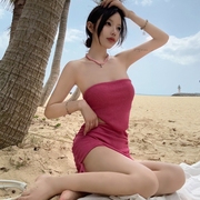 纯欲风高腰性感网红显瘦抹胸比基尼三件套分体裙式泳衣女沙滩度假