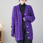 今年流行慵懒风紫色，毛衣针织开衫，外套2023秋冬中长款宽松上衣