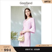 Goodland美地女装2023春季优雅粉紫色钉珠链半开领H型连衣裙