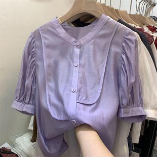2024夏季立领短袖雪纺衬衫女士上衣洋气紫色泡泡袖休闲小衫潮
