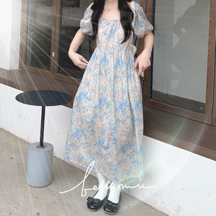 bm3.18油画花朵方领短袖连衣裙，夏季度假风公主，裙甜美长裙