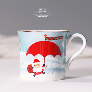 红色小雨伞圣诞马克杯骨瓷，水杯精美描金奶茶咖啡杯小幸运