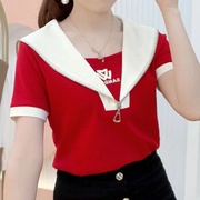 网红高档时尚减龄短袖t恤女士，夏装拼接假两件海军领上衣