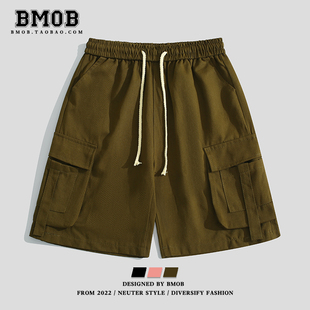 bmob夏季纯色多口袋，工装短裤宽松直筒男潮流，百搭休闲简约时尚